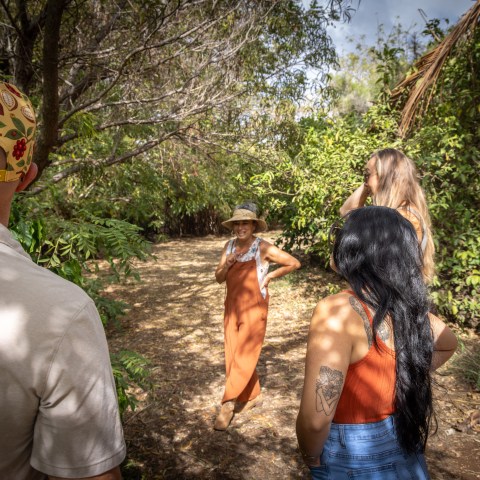 Five people standing on a wooded path, one wearing a hat in the center, surrounded by trees and sunlight.