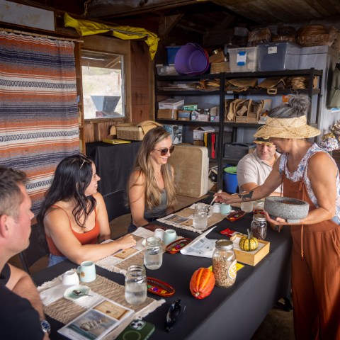 People gathered around a table for a tasting session in a rustic setting.