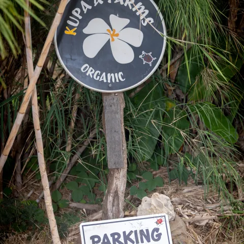 Round sign for Kupa'a Farms Organic and a parking sign with arrow in front of greenery.