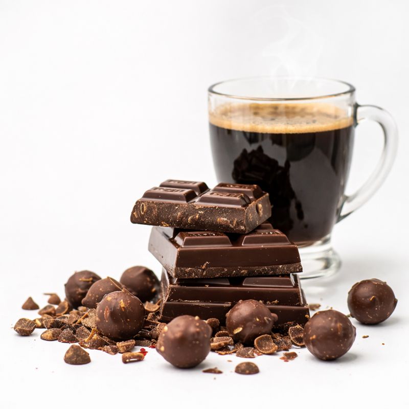 Stack of chocolate bars with truffles beside a steaming cup of coffee.