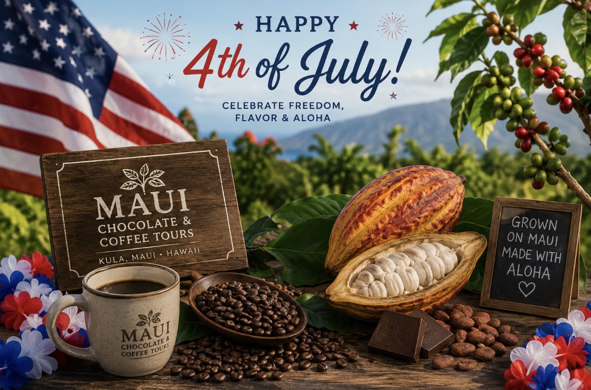 4th of July Maui coffee ad with chocolate, coffee beans, and flag.